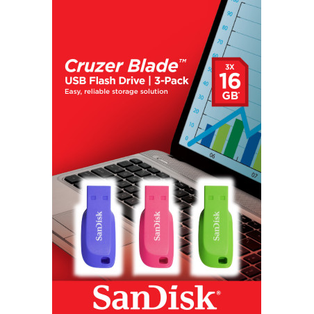Memoria usb 2.0 sandisk 16gb cruzer blade pack 3 azul - verde - rosa
