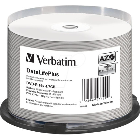 VERBATIM DVD-R 4,7GB 16X 50 PACK SPINDLE DATALIFE PLUS WIDE INKJET PRINTABLE PROFESSIONAL 43744
